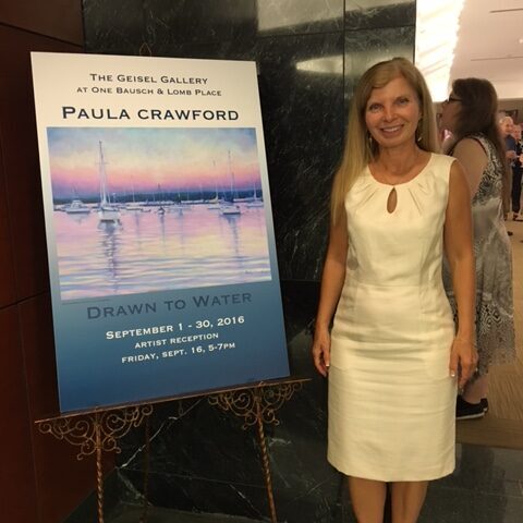 Paula Crawford at her solo exhibit "Drawn to Water" at Giesel Gallery, Bausch and Lomb, Rochester, New York